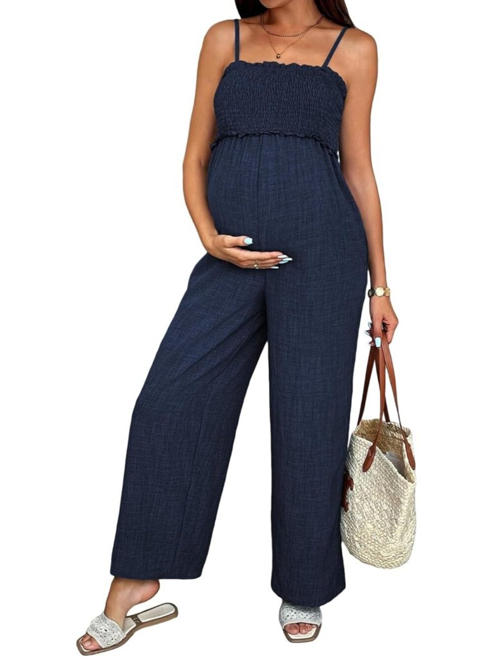 Women's Dirty Blue Smocked Maternity Jumpsuit Loose Overalls Pockets Jumpsuits